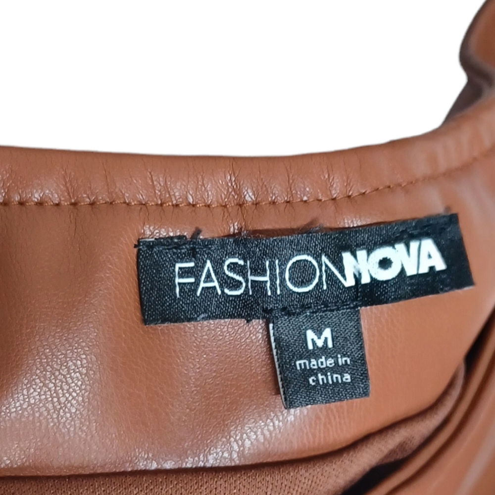 FASHION NOVA Brown Faux Leather Mid Cut Out Strappy Back Mini Bodycon Dress M - Picture 7 of 9
